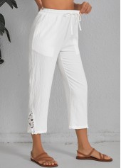 White bottoms,Plain Color bottoms,Patchwork White Elastic Waist High Waisted Pants