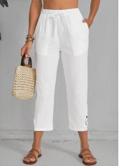 White bottoms,Plain Color bottoms,Patchwork White Elastic Waist High Waisted Pants