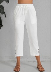 White bottoms,Plain Color bottoms,Patchwork White Elastic Waist High Waisted Pants