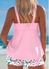 Light Pink swimwear,Plants swimwear,ROTITA Drawstring Light Pink Tropical Plants Print Tankini Set