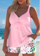 Light Pink swimwear,Plants swimwear,ROTITA Drawstring Light Pink Tropical Plants Print Tankini Set
