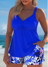 Royal Blue swimwear,Plants swimwear,ROTITA Drawstring Royal Blue Tropical Plants Print Tankini Set