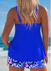 Royal Blue swimwear,Plants swimwear,ROTITA Drawstring Royal Blue Tropical Plants Print Tankini Set