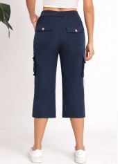 Navy bottoms,Plain Color bottoms,Lace Up Navy Straight Leg Elastic Waist Pants