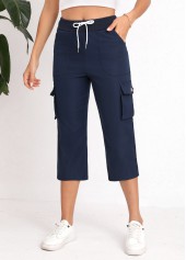 Navy bottoms,Plain Color bottoms,Lace Up Navy Straight Leg Elastic Waist Pants