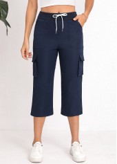 Navy bottoms,Plain Color bottoms,Lace Up Navy Straight Leg Elastic Waist Pants