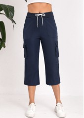 Navy bottoms,Plain Color bottoms,Lace Up Navy Straight Leg Elastic Waist Pants