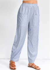 Dusty Blue bottoms,Striped bottoms,Geometric bottoms,Patchwork Striped Dusty Blue Elastic Waist High Waisted Pants