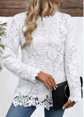 White tops,Plain Color tops,ROTITA Embroidery White Round Neck Long Sleeve T Shirt