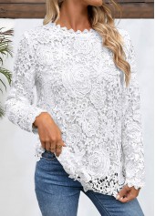 White tops,Plain Color tops,ROTITA Embroidery White Round Neck Long Sleeve T Shirt