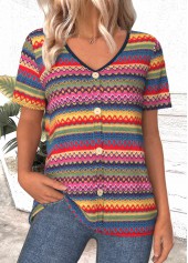 Multi Color tops,Tribal tops,ROTITA Button Tribal Print Multi Color V Neck T Shirt