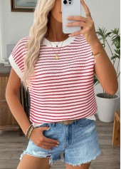 Red tops,Contrast Color tops,Red Round Neck Short Sleeve T Shirt