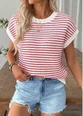 Red tops,Contrast Color tops,Red Round Neck Short Sleeve T Shirt