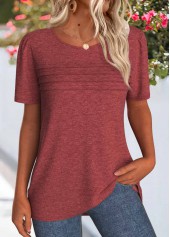 Brick Red tops,Plain Color tops,ROTITA Tuck Stitch Brick Red Round Neck T Shirt