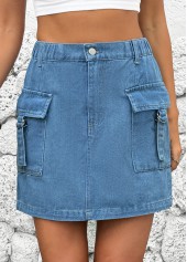 Denim Blue bottoms,Plain Color bottoms,Button Denim Blue Short Shift Dress Skirt