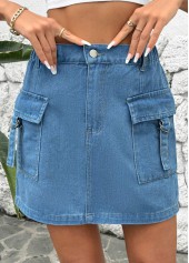 Denim Blue bottoms,Plain Color bottoms,Button Denim Blue Short Shift Dress Skirt