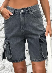 Dark Grey Marl bottoms,Plain Color bottoms,Dark Grey Marl Button Fly High Waisted Denim Shorts