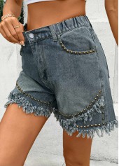 Denim Blue bottoms,Plain Color bottoms,Denim Blue Straight Leg High Waisted Button Fly Shorts