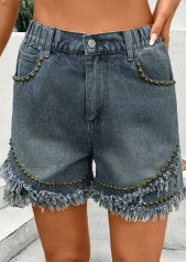 Denim Blue bottoms,Plain Color bottoms,Denim Blue Straight Leg High Waisted Button Fly Shorts