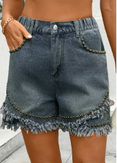 Denim Blue bottoms,Plain Color bottoms,Denim Blue Straight Leg High Waisted Button Fly Shorts