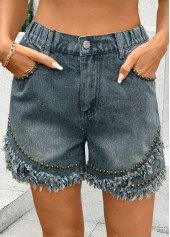 Jeansblaue Shorts mit geradem Bein und hoher Taille und Knopfleiste