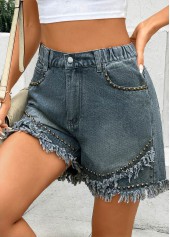 Denim Blue bottoms,Plain Color bottoms,Denim Blue Straight Leg High Waisted Button Fly Shorts