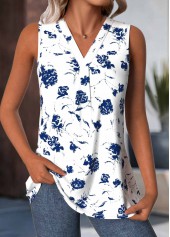 White tops,Floral tops,Plants tops,ROTITA Breathable Floral Print White V Neck Sleeveless Tank Top
