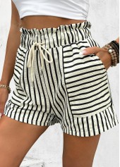White bottoms,Striped bottoms,Geometric bottoms,Drawstring Striped White Elastic Waist High Waisted Shorts