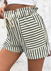 White bottoms,Striped bottoms,Geometric bottoms,Drawstring Striped White Elastic Waist High Waisted Shorts
