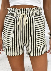 White bottoms,Striped bottoms,Geometric bottoms,Drawstring Striped White Elastic Waist High Waisted Shorts