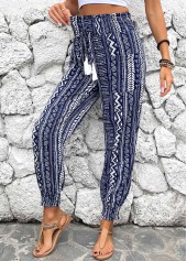 Navy bottoms,Geometric bottoms,Smocked Geometric Print Navy Jogger Elastic Waist Pants