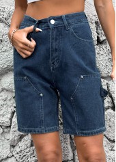 Denim Blue bottoms,Plain Color bottoms,Button Denim Blue High Waisted Shorts