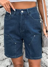 Denim Blue bottoms,Plain Color bottoms,Button Denim Blue High Waisted Shorts