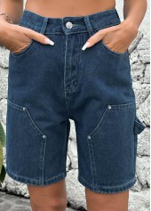 Denim Blue bottoms,Plain Color bottoms,Button Denim Blue High Waisted Shorts