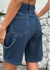 Denim Blue bottoms,Plain Color bottoms,Button Denim Blue High Waisted Shorts