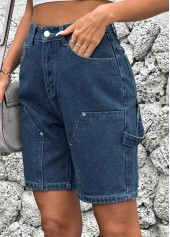 Denim Blue bottoms,Plain Color bottoms,Button Denim Blue High Waisted Shorts