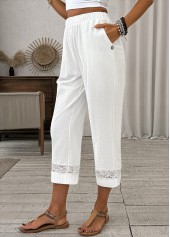White bottoms,Plain Color bottoms,Lace White Straight Leg Elastic Waist High Waisted Pants