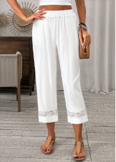 White bottoms,Plain Color bottoms,Lace White Straight Leg Elastic Waist High Waisted Pants