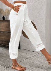 White bottoms,Plain Color bottoms,Lace White Straight Leg Elastic Waist High Waisted Pants