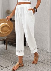 White bottoms,Plain Color bottoms,Lace White Straight Leg Elastic Waist High Waisted Pants