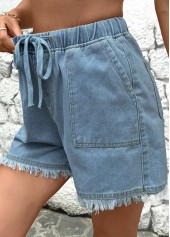Denim Blue bottoms,Plain Color bottoms,Denim Blue Straight Leg High Waisted Shorts