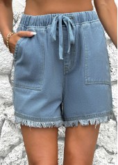 Denim Blue bottoms,Plain Color bottoms,Denim Blue Straight Leg High Waisted Shorts