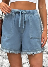 Denim Blue bottoms,Plain Color bottoms,Denim Blue Straight Leg High Waisted Shorts