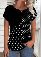 Black tops,Dot tops,ROTITA Patchwork Polka Dot Black Round Neck T Shirt