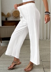 White bottoms,Plain Color bottoms,Patchwork White Wide Leg Elastic Waist High Waisted Pants
