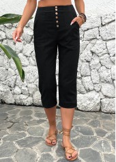 Black bottoms,Plain Color bottoms,ROTITA Button Detail Black High Waisted Pants