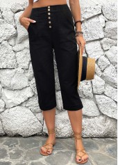 Black bottoms,Plain Color bottoms,ROTITA Button Detail Black High Waisted Pants