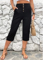 Black bottoms,Plain Color bottoms,ROTITA Button Detail Black High Waisted Pants