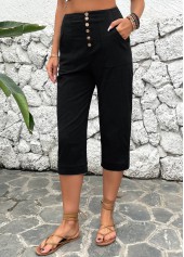 Black bottoms,Plain Color bottoms,ROTITA Button Detail Black High Waisted Pants