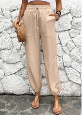Light Camel bottoms,Plain Color bottoms,Drawstring Light Camel Jogger Elastic Waist High Waisted Pants